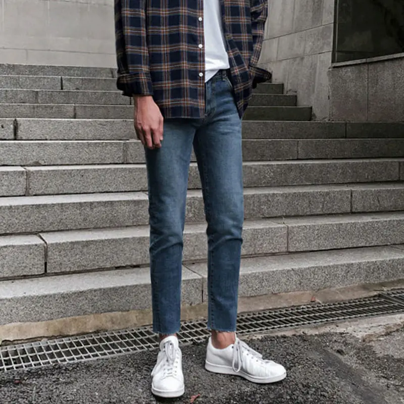 

Летние облегающие джинсы для мужчин, уличная одежда, корейский дизайн, обычные потертые джинсовые облегающие брюки, джинсы в стиле хип-хоп H11