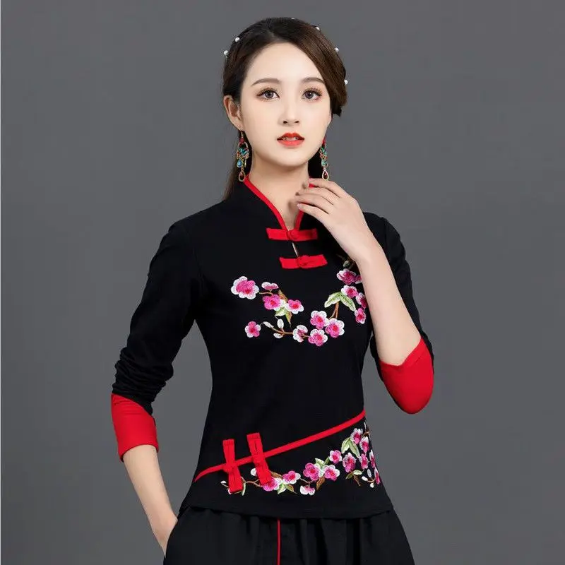 Chinese Clothing Womens Plus Size Tops Summer Cotton Blend Embroidery Color Splicing Tang costume Shirts Woman