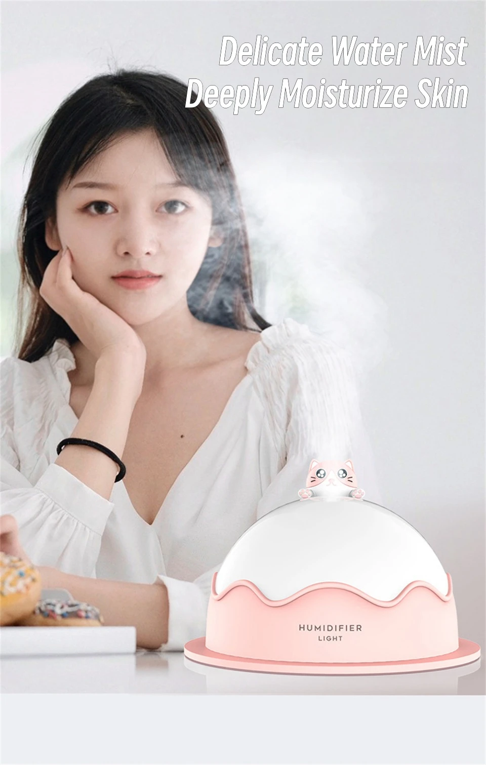 Gadgetoo Cute Cat Air Humidifier Ultrasonic Cool Water Aroma Diffuser For Home Bedroom With Warm Night Light, Usb Mute Humidifier, 250Ml