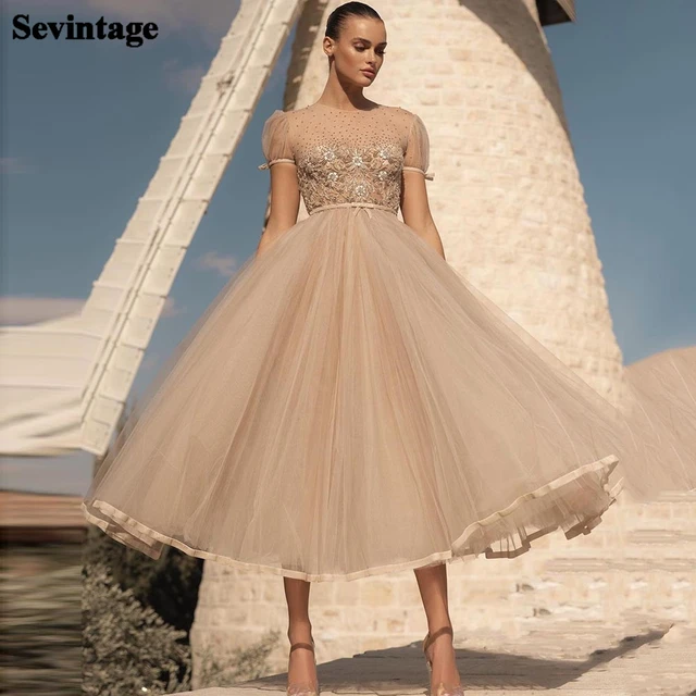 Champagne Appliques Lace Saudi Arabia Prom Dresses Cap Sleeves A Line Formal Evening Gowns Women Special Party Dress
