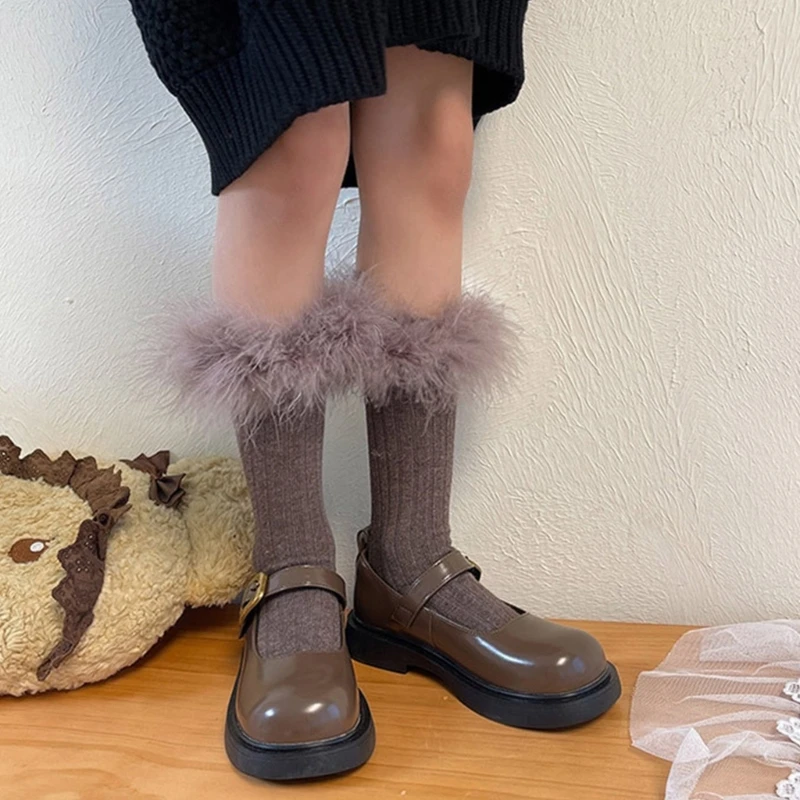1 Pair Children's Feathered Socks Lace Trimmed Knee High Piled Up Socks for Daily Wear Parties and Dance Performances children knee high socks children items