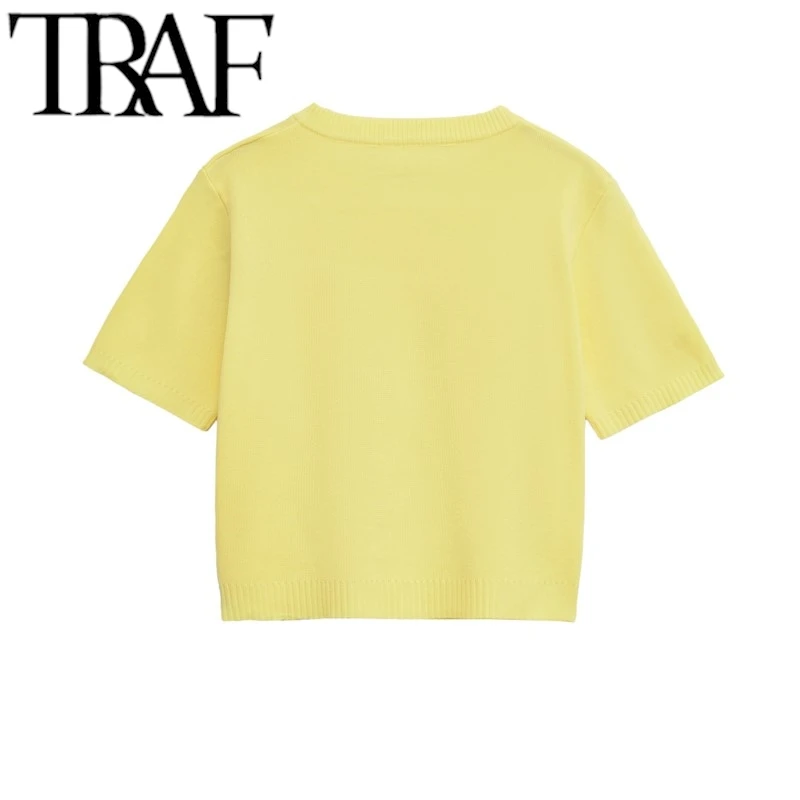 TRAF Y2K 2025 Woman Fashion Knitted Jacket With Edging Casual Slim Knitted Top+Elastic Waist Mini Skirt Sets Summer Yellow - Image 3