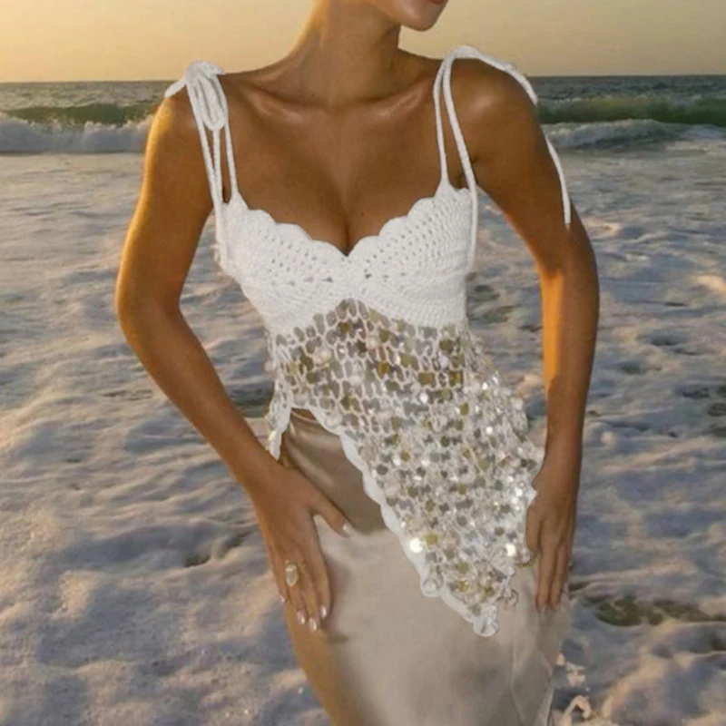 Sequin Splicing Slim Fit Irregular Women Top Casual Solid Color Beach Bikini Suspender Tees Summer Off Shoulder Knitted T-shirt