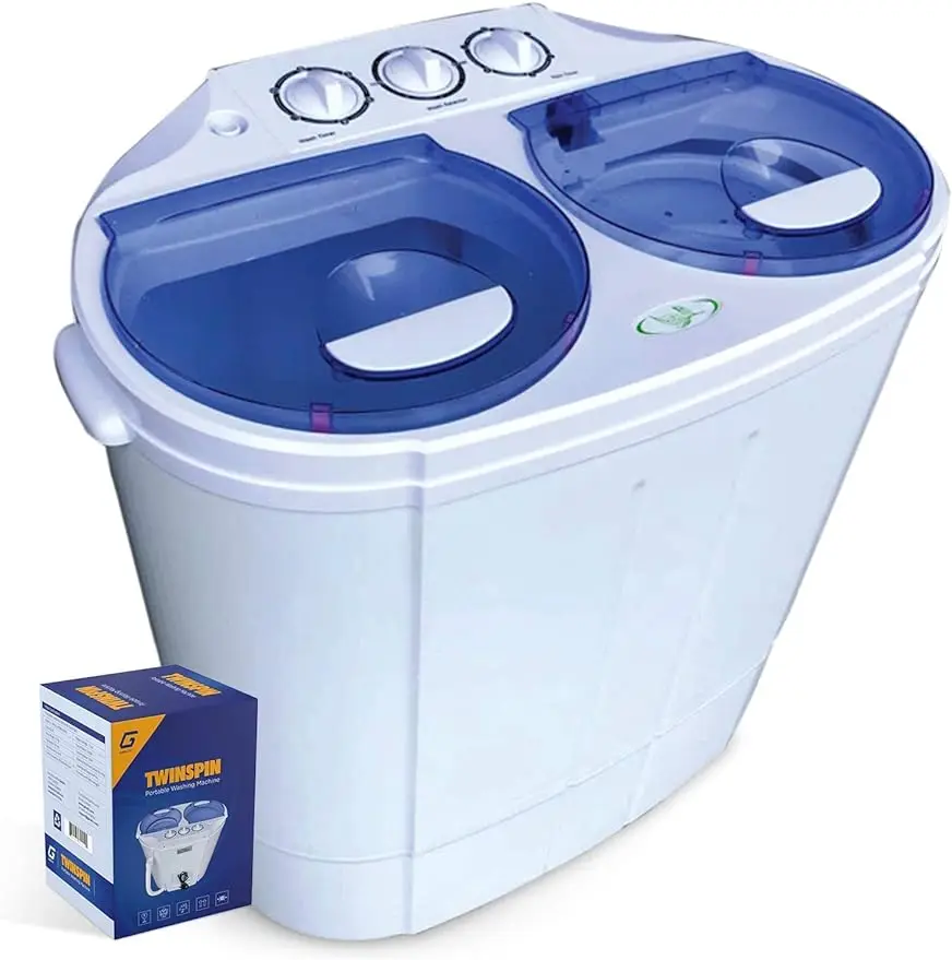 

Portable double tub washing machine with wash and spin cycle, built-in gravity drainage, suitable for camping, apartment