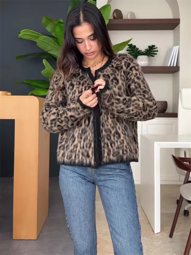 Suéter tipo cárdigan de leopardo para mujer, con estampado de moda en contraste, holgado, de manga larga, para ir al trabajo, cárdigan de otoño para mujer