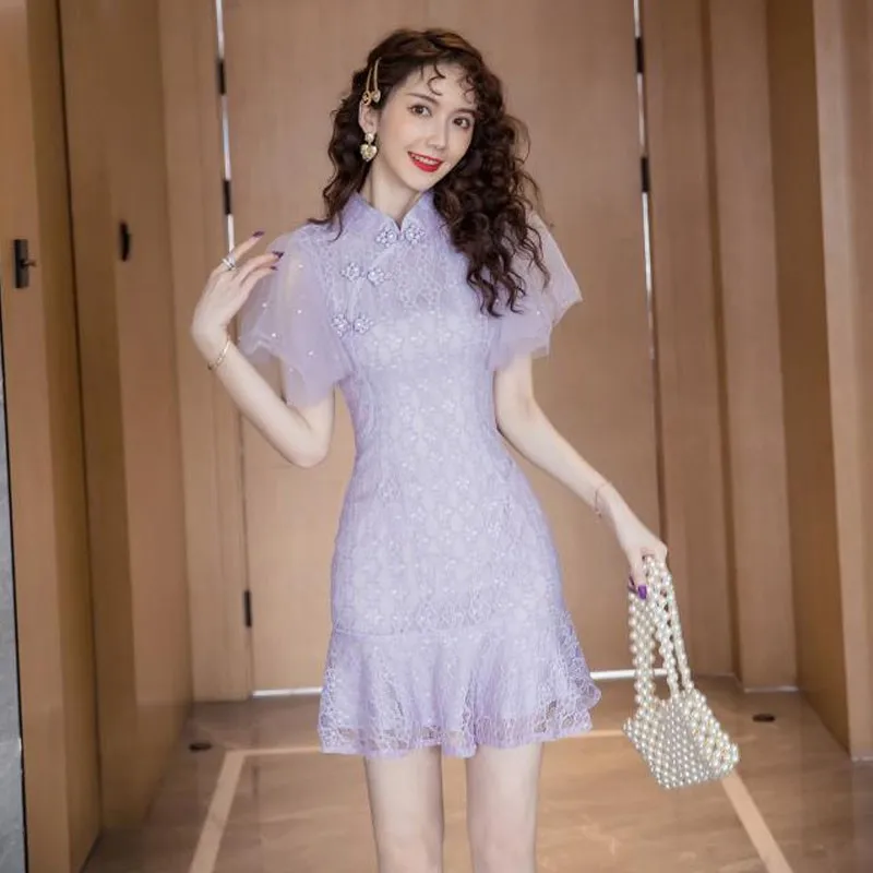 

Chinese Style Cheongsam Young Fashion Improved Sexy Qiapo Dress Slim Retro Elegant Lace Fishtail Women Gown Evening Dresses