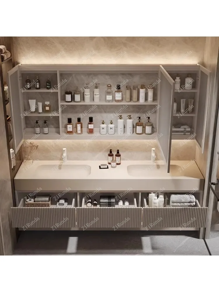 Cream Style Bathroom Cabinets Wall-mounted Design Large Capacity Storage Mirror Cabinets Shelves Furniture Bagno FYBC