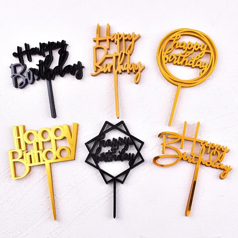 Cake Topper Golden Happy Birthday Black Acrylic for Baby Shower Dessert Decoration 10pcs cake topper cake decoration