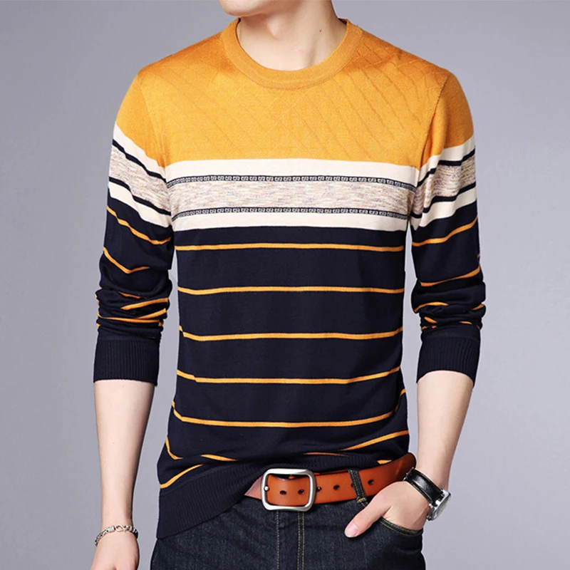 Men's Casual Striped Knit Spring and Autumn Long Sleeved Pullover Fashion Top