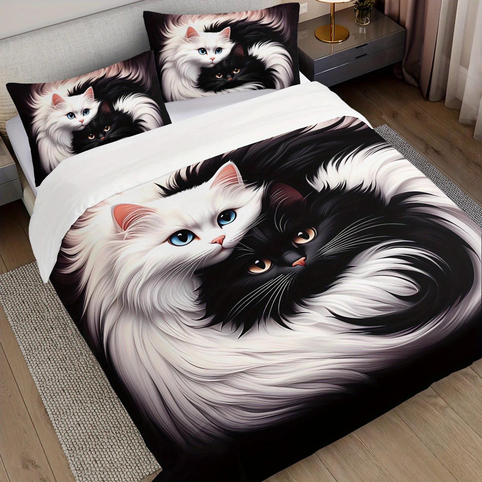 3pcs Cute Cat Duvet Cover Set Yin Yang Black White Cats Bedding Set Soft Microfiber Bedroom Decor Four Seasons