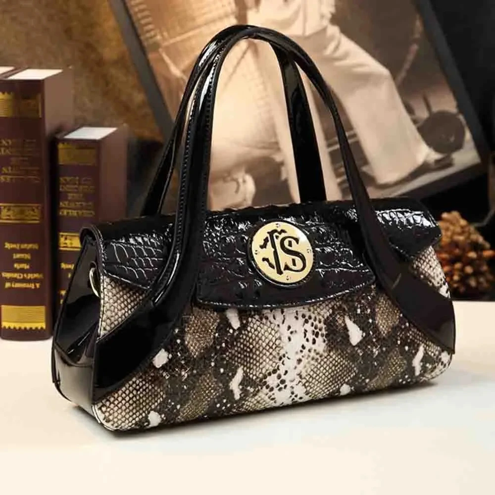 

Stylish Women Top Handle Bag Luxury Patent Leather Snake Skin Print Elegant Madam Large Capacity Shoulder Casual Tote 2023 New