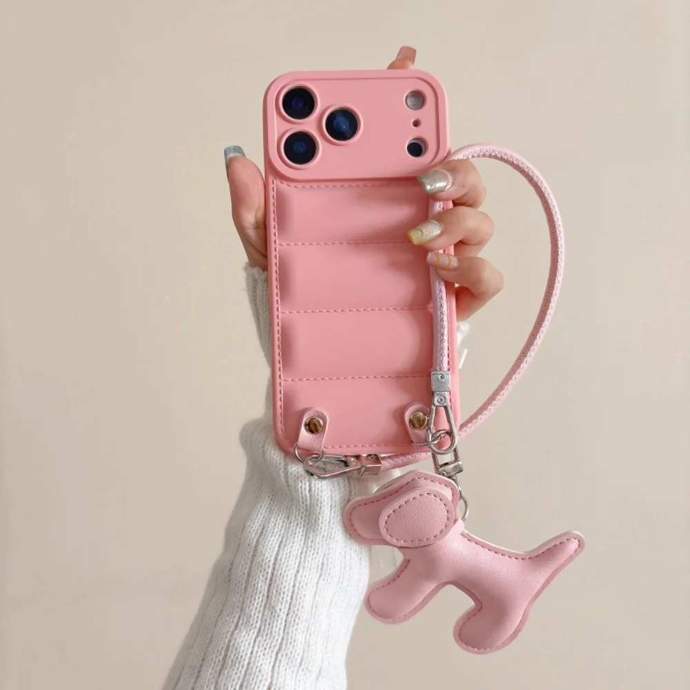 Cartoon Dog PU Leather Lanyard Phone Case with Creative Down Jacket Design