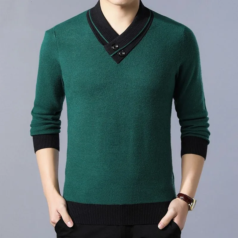 Autumn Winter New Shirt for Men Sweater Long Sleeve Plush V-Neck Fashion Casual Button Splice Pullover Knitted Patchwork Tops