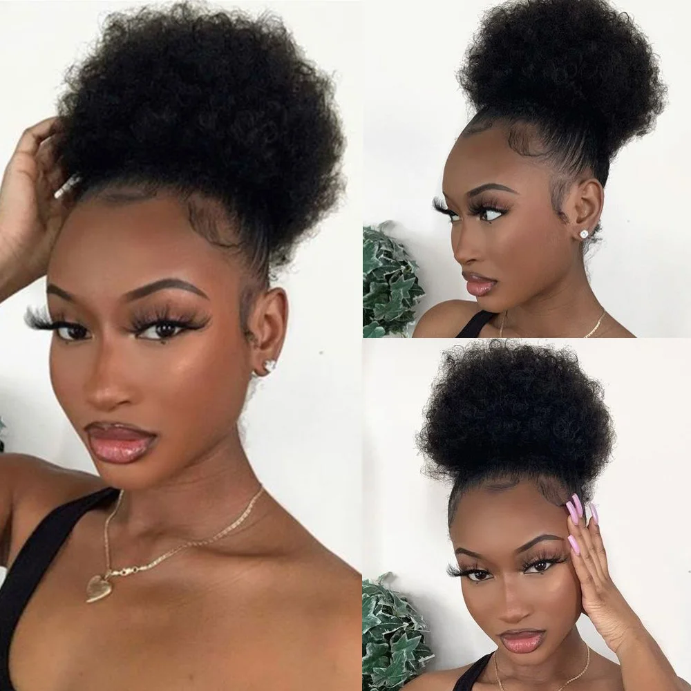 High Puff Afro Curly Ponytail Drawstring Short Clip In 4-8 Inches Natural Color Machine Made Remy Afro Kinky Pony Tail