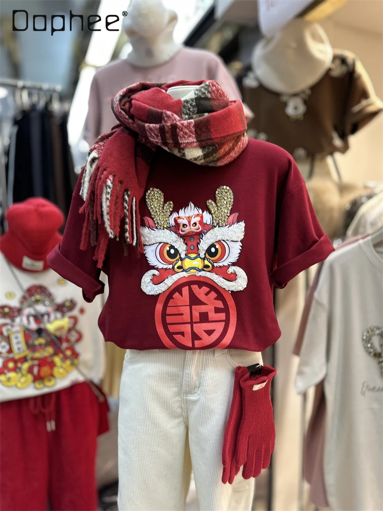 

Thickened Brushed Cotton Cartoon Printed Half Sleeve Top Female Fall Winter Heavy Industry Diamond Round Neck T-shirt for Women