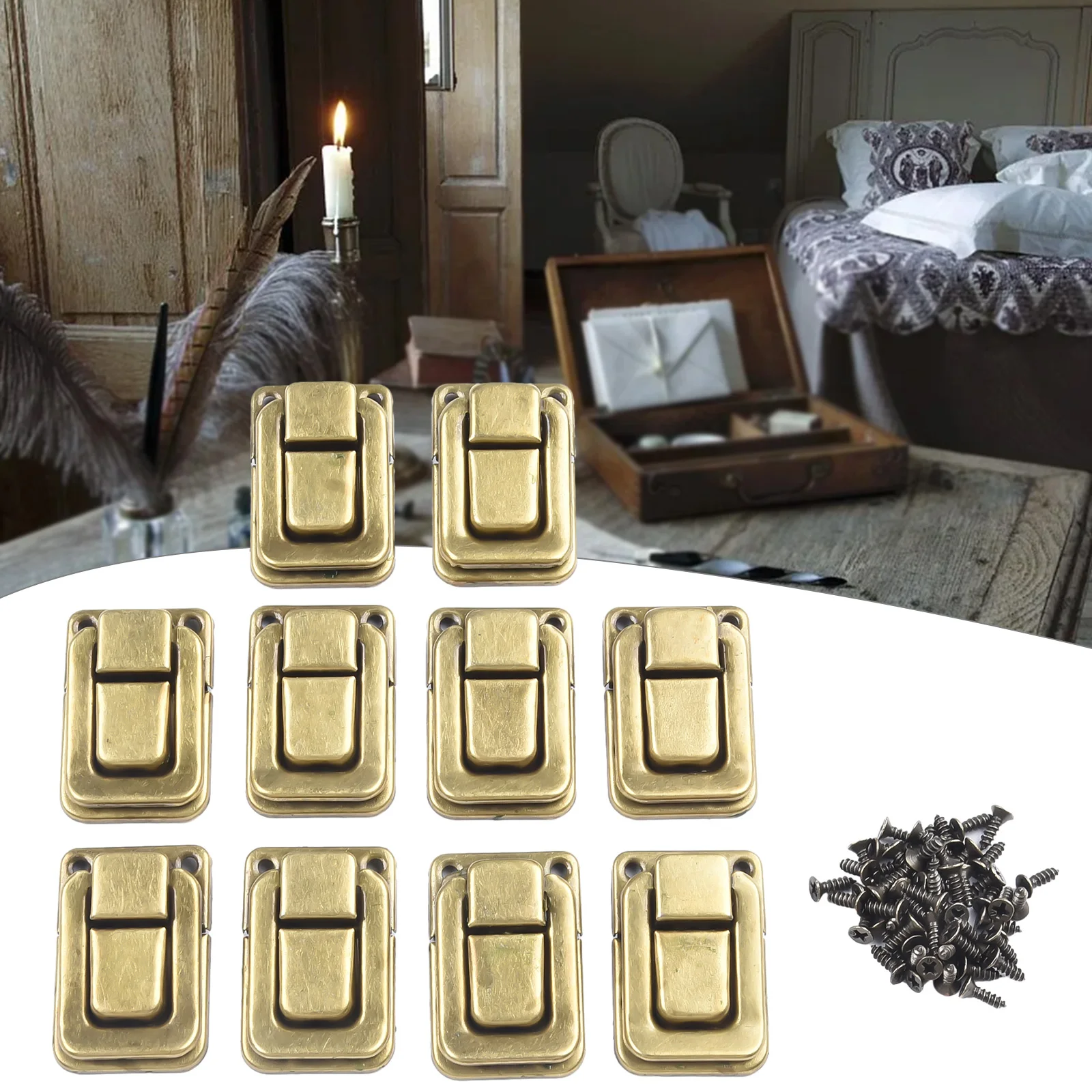 Description Picture 3 of item10PCS Antique Lock Metal Hasps Latch Jewelry Box Decorative Padlock Vintage Wooden Box Latch Buckle Cabinet Furniture Hardware