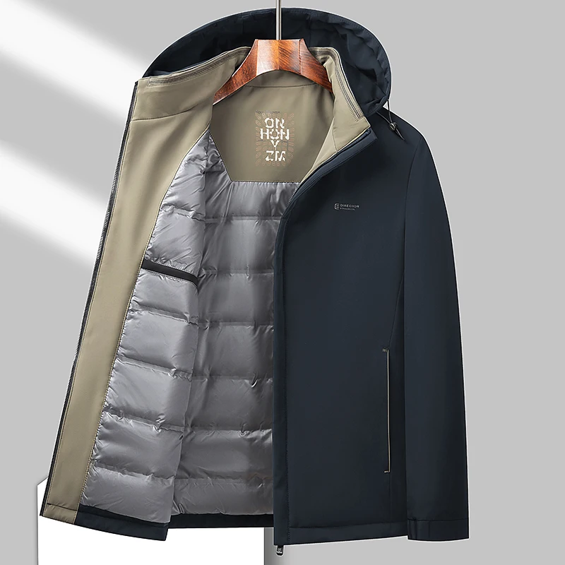 Men Black Navy Down Puffer Parkas With Hood Detachable Design Thermal Fabric Light Weight Puff Basic Coat Winter OOTD Outerwear