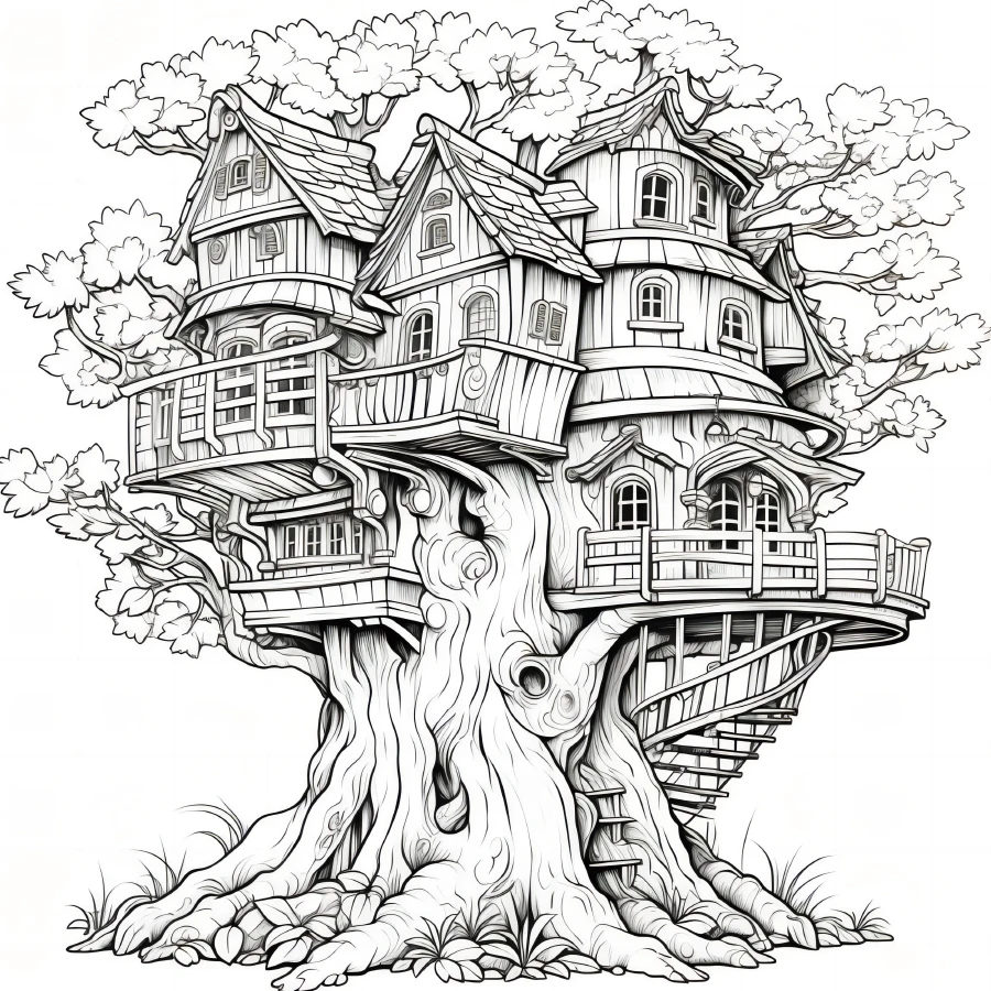 Dream Tree House Coloring Book 20 Page Gift For Birthday Party Relieve Stress Kill Time Graffiti Painting Drawing Art Book 4