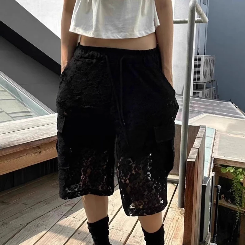 Matakawa Lace Knee Length Pants Women Solid Hollow Out Y2k Clothes Pantalones Mujer Korean Fashion Vintage Summer Trousers