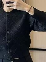 Early Autumn Women Black Knitted Sweater Long Sleeve O-Neck Diamond Pattern Single Breasted Slim Female Sequin Cardigan Tops 2