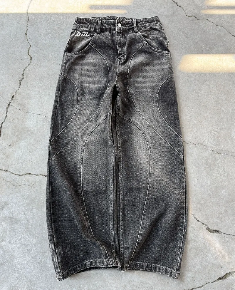Y2K American New Heavy Industry Geometry Criss-Cross Washed Baggy Jeans Men Streetwear Vintage Fashion Punk Casual Couple Jeans 2