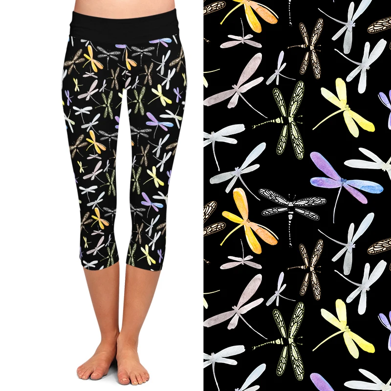 LETSFIND High Waist Women's Leggings 3D Dragonfly Print Capri Leggins Summer Soft Fitness Mid-Calf 3/4 Stretch Pants