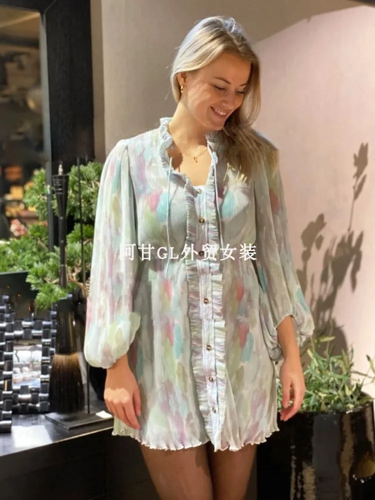 Ganni Midi Dress 2022 Spring New Tie-dye Ink Painting Lotus Lace Collar Single-breasted Puff Sleeves Pleated Women Clothing cover up beachwear