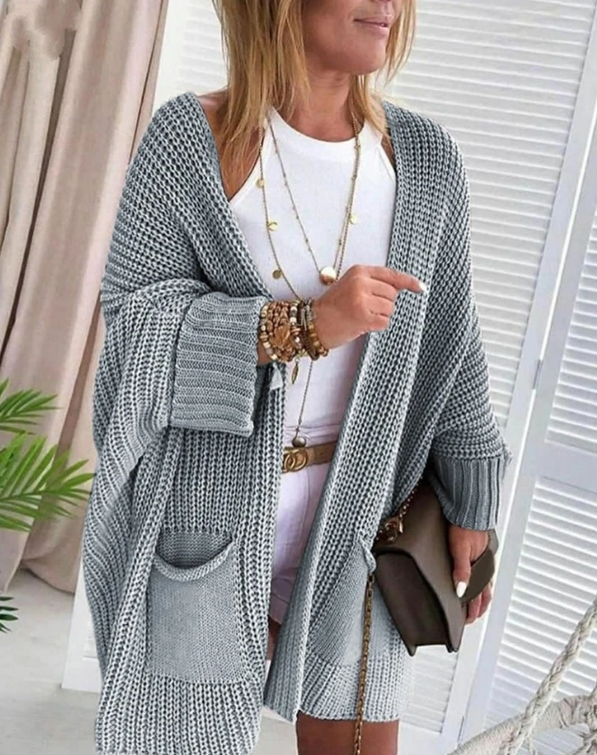 

2023 Autumn Winter Spring New Fashion Casual Elegant Knit Batwing Sleeve Pocket Design Sweater Coat Female Clothing Outfits