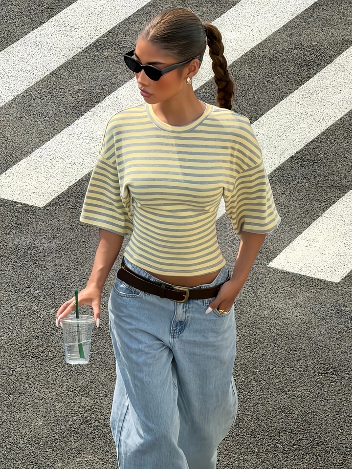 Elegant Directed Women's Spring Summer New Stripe Print round Neck Short Sleeve Waist-Cinching Slim Fit Fashion T-Shirt