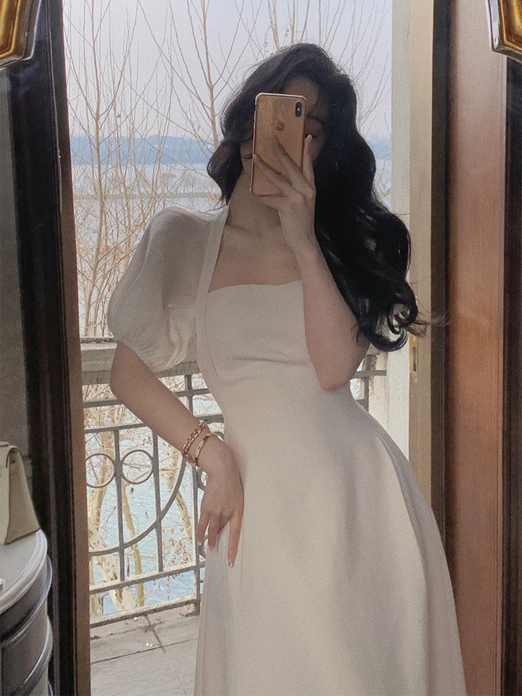 

Puff Sleeve Women Elegant Casual Halter Midi Dress Evening Short Sleeve A-Line Party Vestidos Female Fashion Clothes Summer 2022