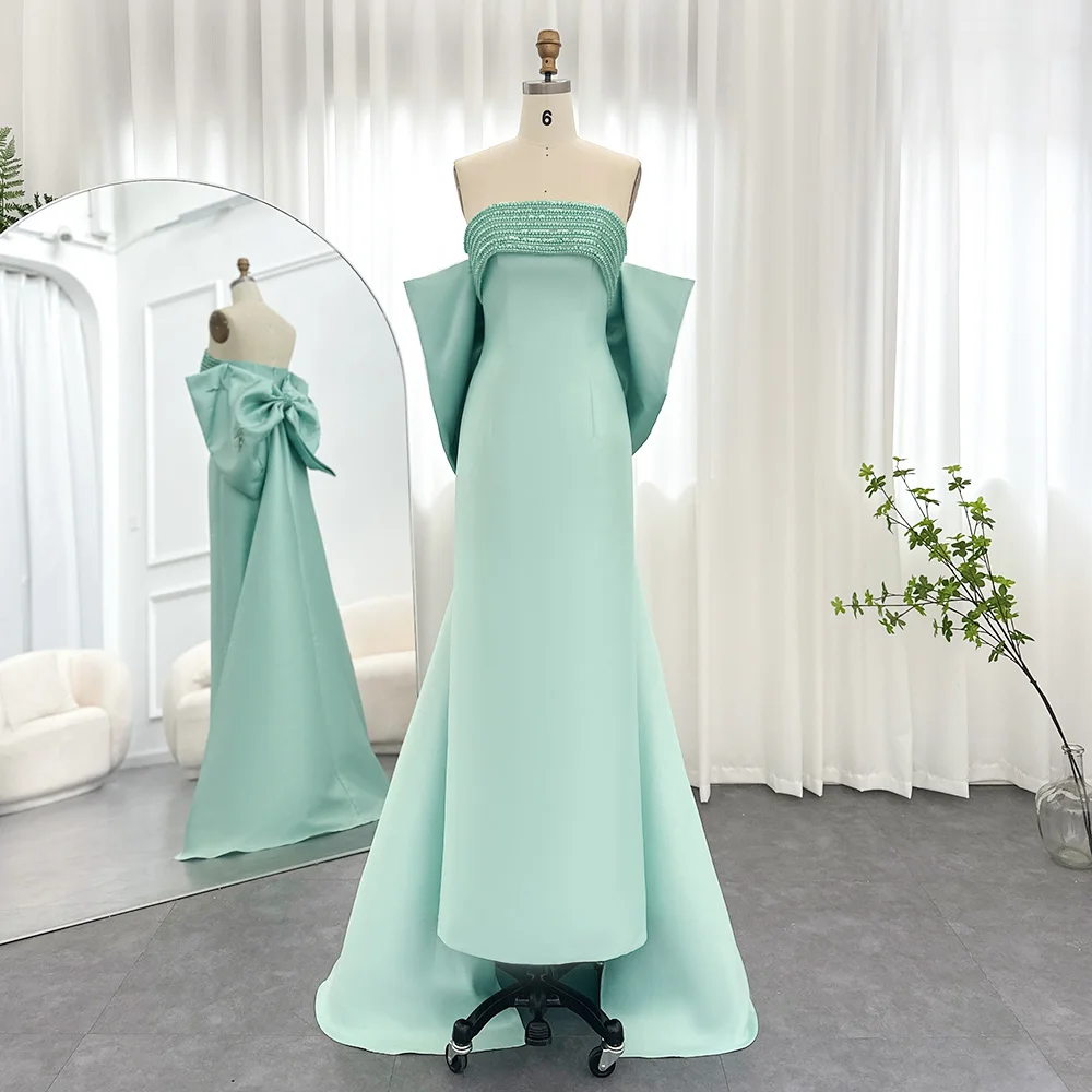 Sharon Said Luxury Dubai Lilac Arabic Evening Dresses with Bow Cape Sage Green Elegant Women Wedding Formal Party Gowns SS319