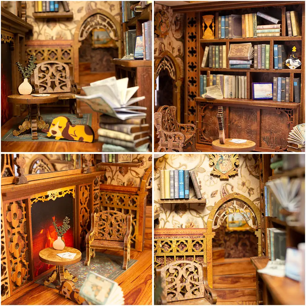 CUTEBEE Wooden Dollhouse Kit Miniature Doll House Kits Booknook Bookshelf Book Nook with Dust Cover Bookends Christmas Gift 3