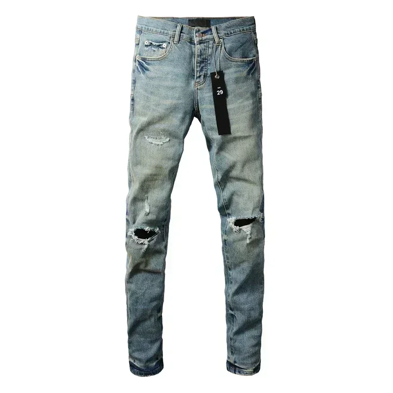 2024 Purples Jeans Men denim pants distressed slim fitting paint brands Fashion  Repair Low Rise Skinny Denim pants 3