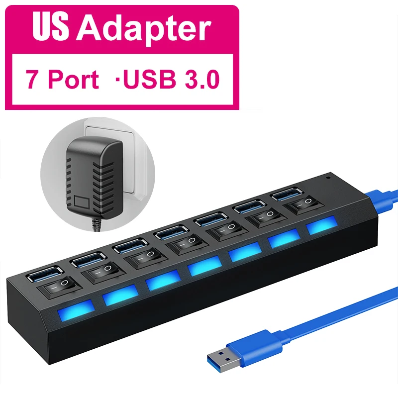 Comprar Divisor micro USB Adaptador USB de alta velocidad Concentrador USB  2.0 Expansor múltiple Base de enchufe multipuerto con interruptor de  encendido/apagado de luz LED para tableta, computadora portátil y PC
