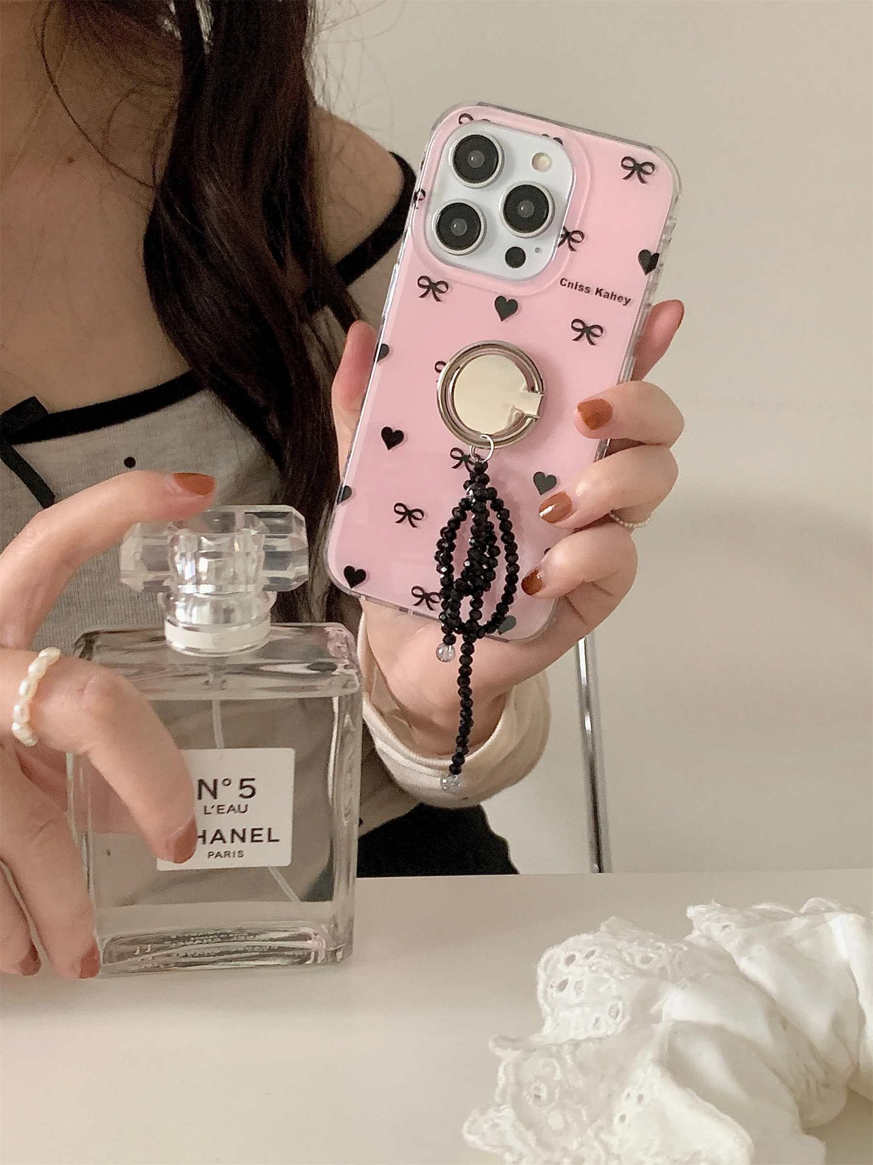 

Korean Luxury Kawaii Full Screen Heart Bow Crystal Ring Pendant Case for iPhone 11 12 13 14 Pro Back Max Cover Stylish Girl Soft