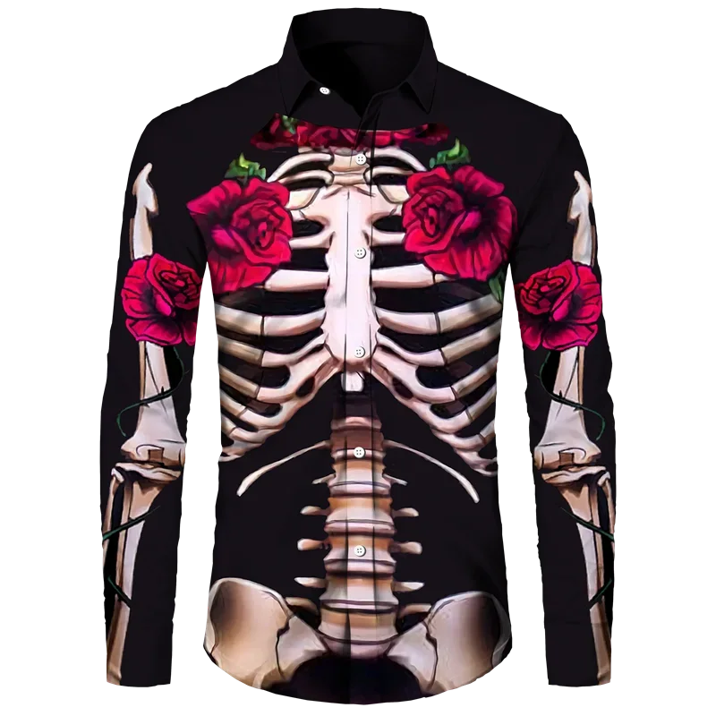 Camisa con botones de esqueleto con estampado 3D divertido para hombres y mujeres, camisetas de manga larga para carnaval, Halloween, Cosplay, ropa de calle unisex para hombre