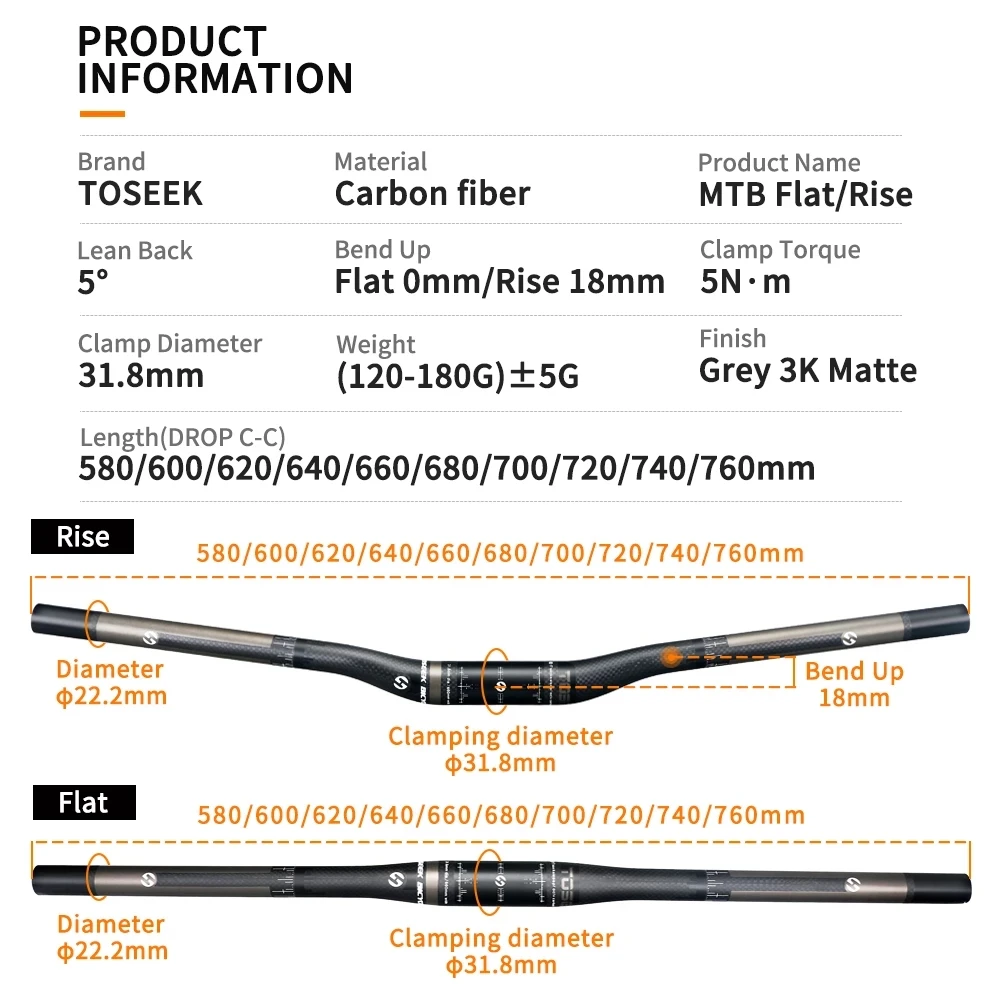 Bicycle Handlebar Mountain Bike MTB Handle Bar 31.8mm Carbon Fiber Handlebar 580/600/620/640/660/700/720/740/760mm TOSEEK