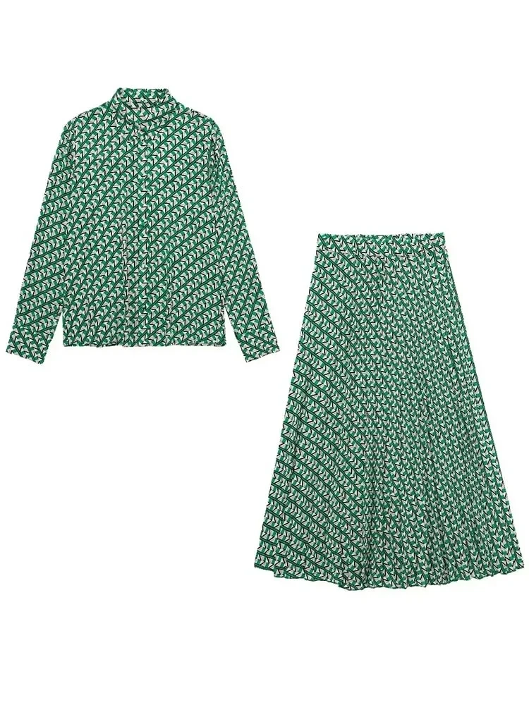 

Elegant Print Skirt Sets Vintage Pajamas for Woman Soft Button Long Sleeve Blouse Female Casual Folds Skirt Lady Home Two Pieces