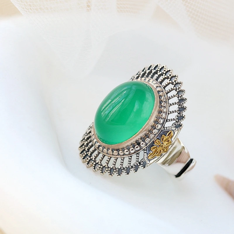 

Authentic 925 Sterling Silver Ring Lady Retro Style Charm Inlaid Natural Green Chalcedony Resizable Opening Rings Jewelry Gift