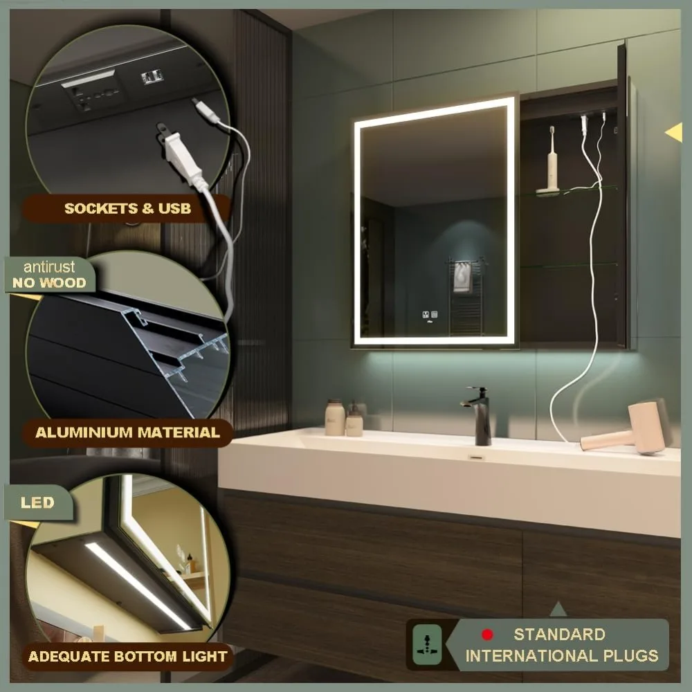 LED Dimmable Light Mirror with Anti-Fog Bathroom Medicine Cabinet