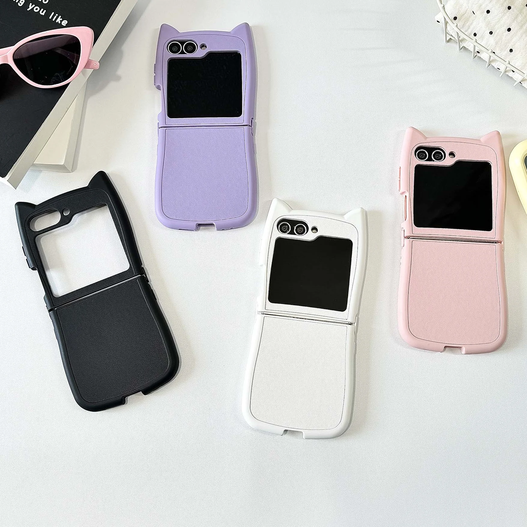 Lovely Cat Ear Cover Luxury Leather Case - Cute Pure Color Phone Case Bumper