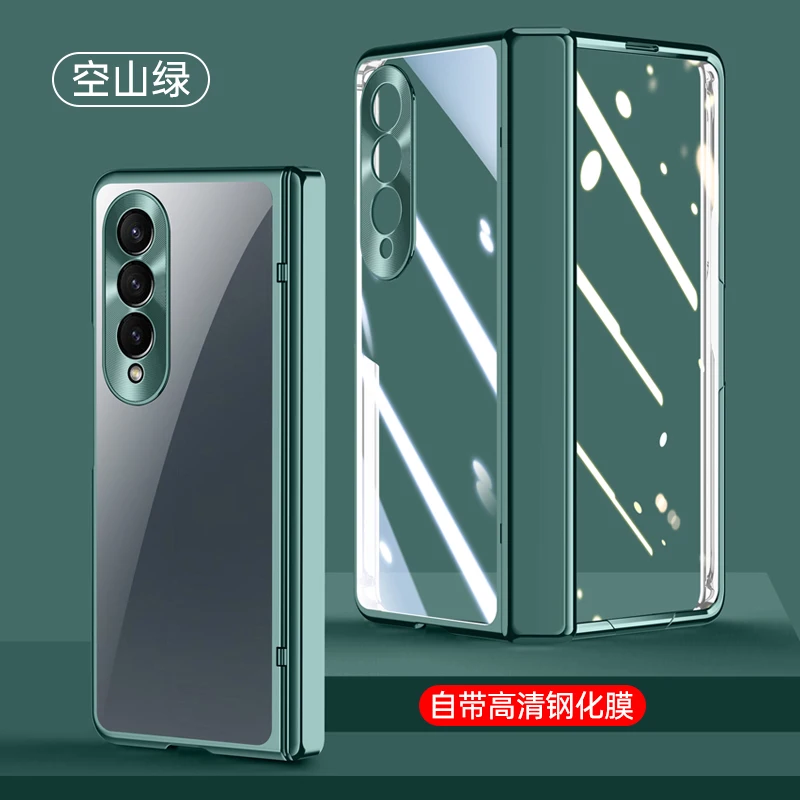 For Samsung Galaxy Z Fold 4 5 Case Electroplated Transparent With Tempered Film Folding Hinge Shockproof Protective Hard Cover