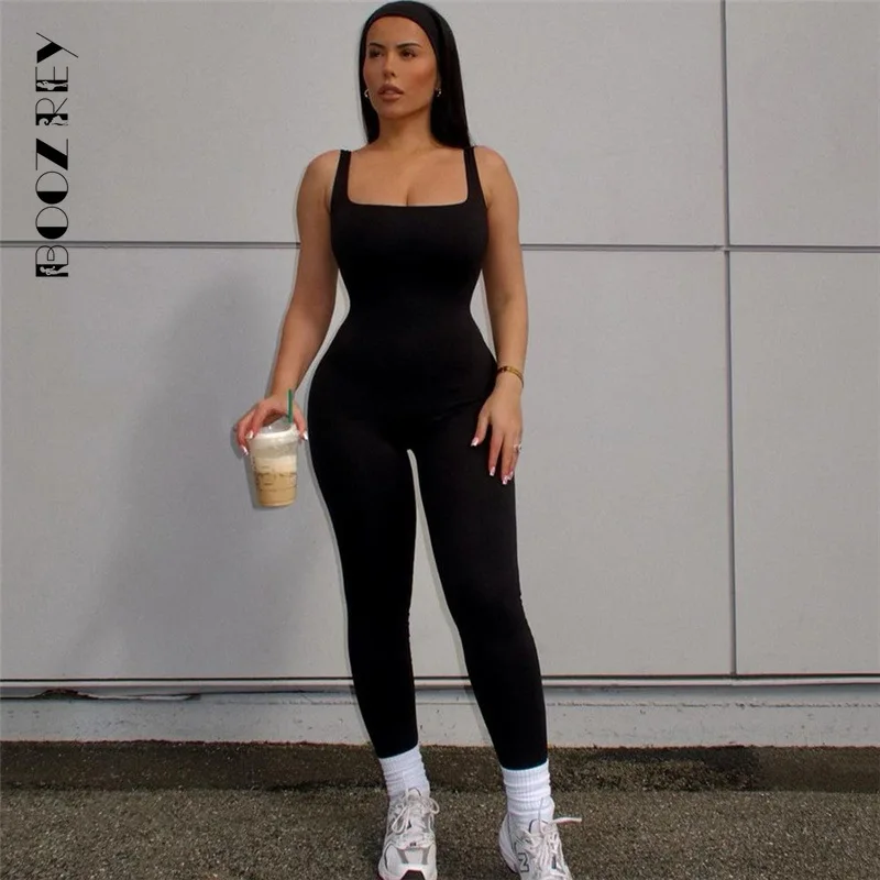 BoozRey Casual Solid Body-shaping Simple Jumpsuit Women Square Collar Sleeveless Skinny Romper Lady Daily Sporty Wear One Piece