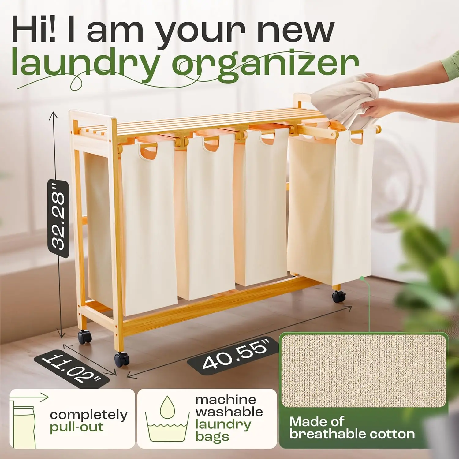 Laundry Sorter with 4 Sections beige, Hamper with Removable Cotton Bags & Wheels – Perfect Laundry Organizer - Eco