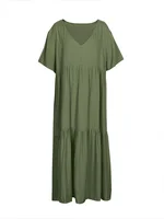plus Size Women's Casual Loose V-Neck Solid Long Dress Spring Summer Pleated Big Size Women's Dress - Image 3