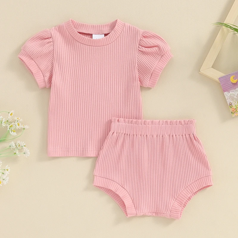 

Summer Baby Girl Clothes 3 6 9 12 18 24 Month Toddler Outfits Ribbed Solid Color Short Sleeve Tops Tshirt Shorts Set