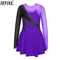 Long Sleeve Rhinestone Figure Skating Dress Ballet Dance Dress Gymnastics Leotard Dancewear Kids Girls Stage Performance Costume