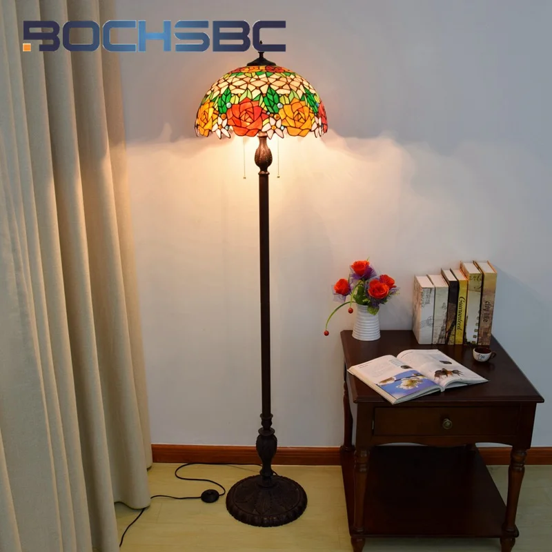 

BOCHSBC Tiffany Art Deco Living Room Dining Room Bedroom Bedside bar Floor lamp Garden style Rose stained glass tripod lamp