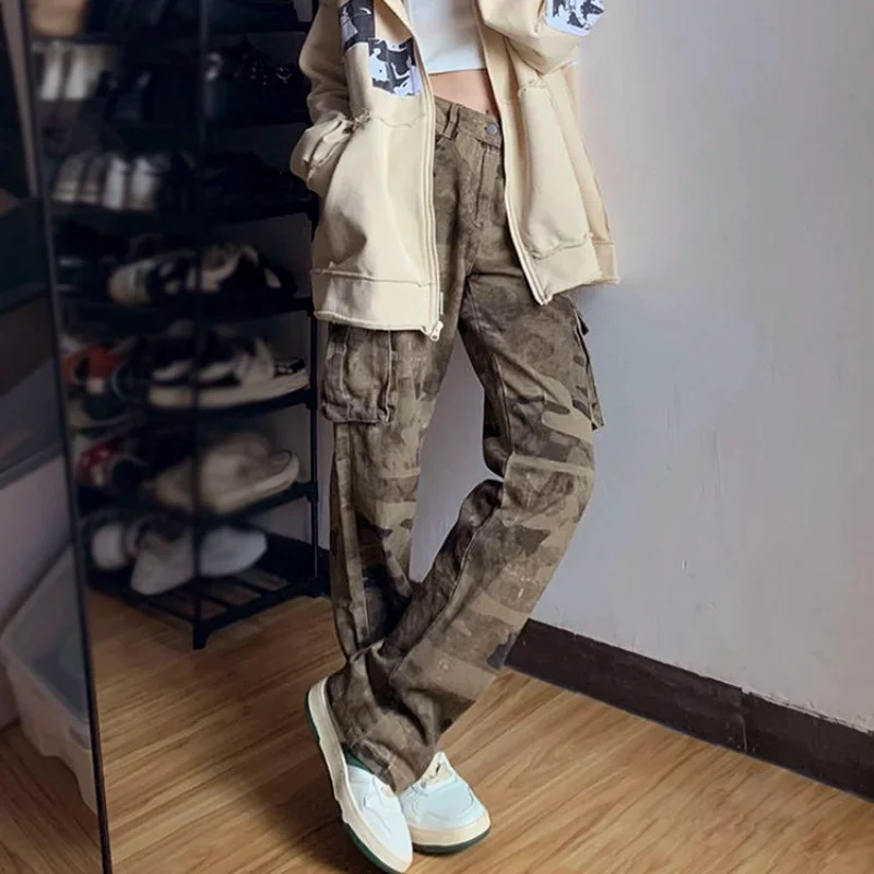 Streetwear Fashion Women Camouflage Cargo Jeans Spring Autumn Hip Hop Vintage High Waist Pant Washed Loose Wide Leg Y2k Trousers