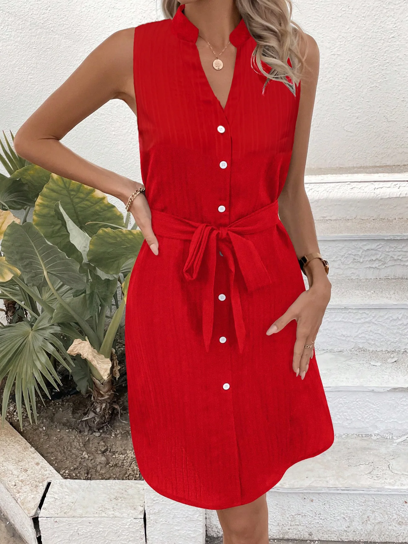 Women's Summer Casual V-Neck Sleeveless Red Midi Dress Button-Front S5fa370c6ae354e8ab6ea73833c13bc1dt